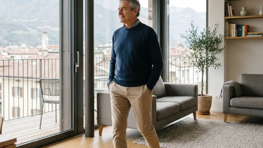  Uomo anziano cammina serenamente in casa dopo la protesi d'anca