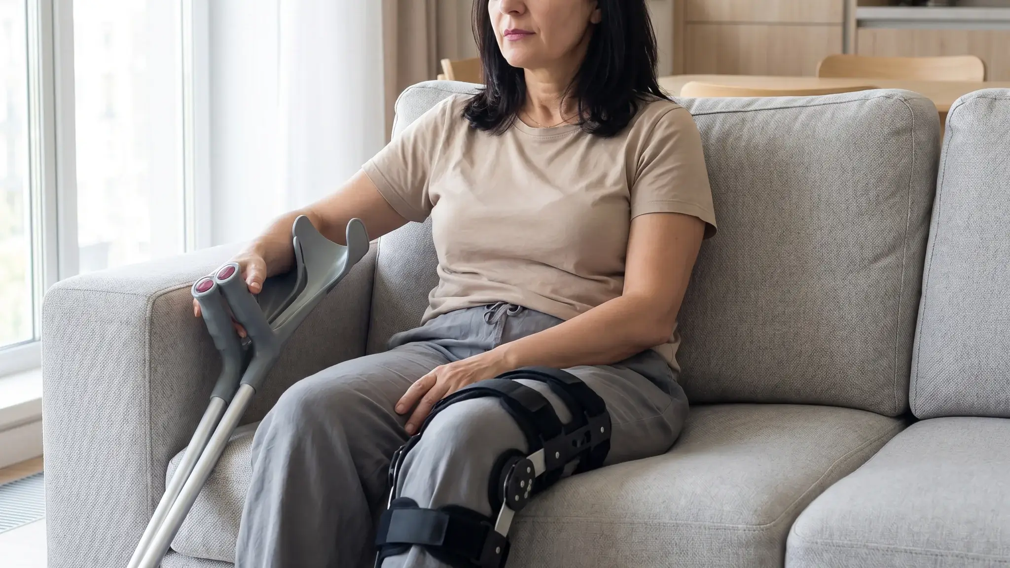 Donna con tutore articolato al ginocchio durante la riabilitazione dopo la riparazione dei menischi, seduta sul divano con una stampella